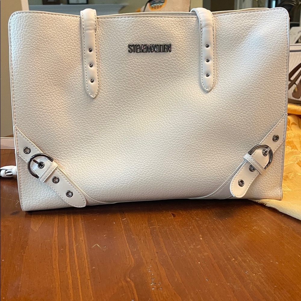 Steve Madden Buttery Soft Cream Purse Bag Tote with Buckle Accents